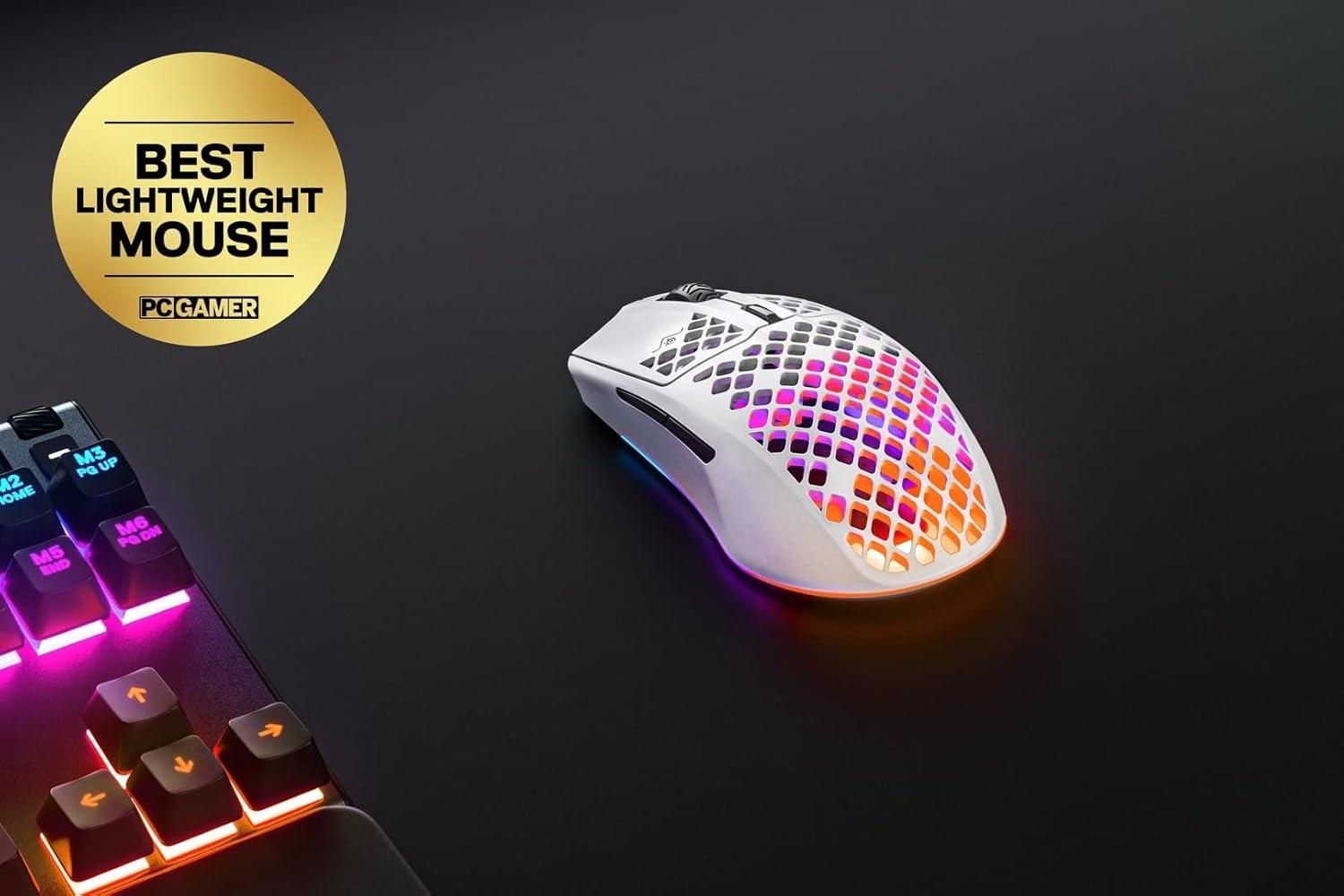 imageSteelSeries Aerox 3 Wireless Holey RGB Gaming Mouse Ultralightweight Water Resistant Design 18K DPI TrueMove Air Optical Sensor OnyxSnow