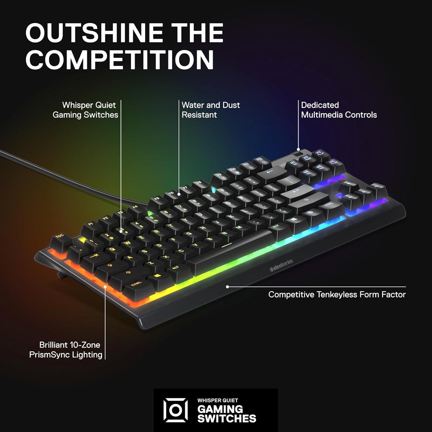 imageSteelSeries Apex 3 TKL White RGB Gaming Keyboard Tenkeyless Compact Form Factor 8Zone RGB Illumination Water and Dust Resistant WhisperQuiet Gaming SwitchBlack