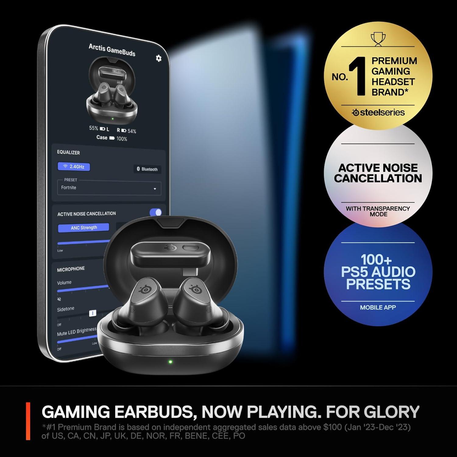 imageSteelSeries Arctis GameBuds for PlayStationPCSwitchMobile QuickSwitch 24GHz Bluetooth 53 Active Noise Cancelling 100 Game Audio Presets 40H Battery with Qi Charging Case WhiteBlack