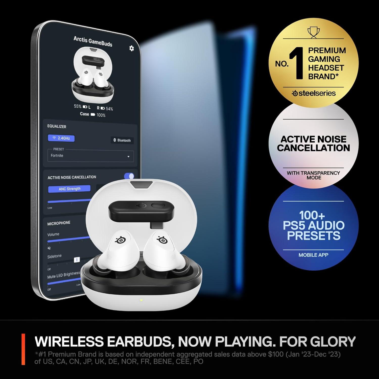 imageSteelSeries Arctis GameBuds for PlayStationPCSwitchMobile QuickSwitch 24GHz Bluetooth 53 Active Noise Cancelling 100 Game Audio Presets 40H Battery with Qi Charging Case WhiteWhite