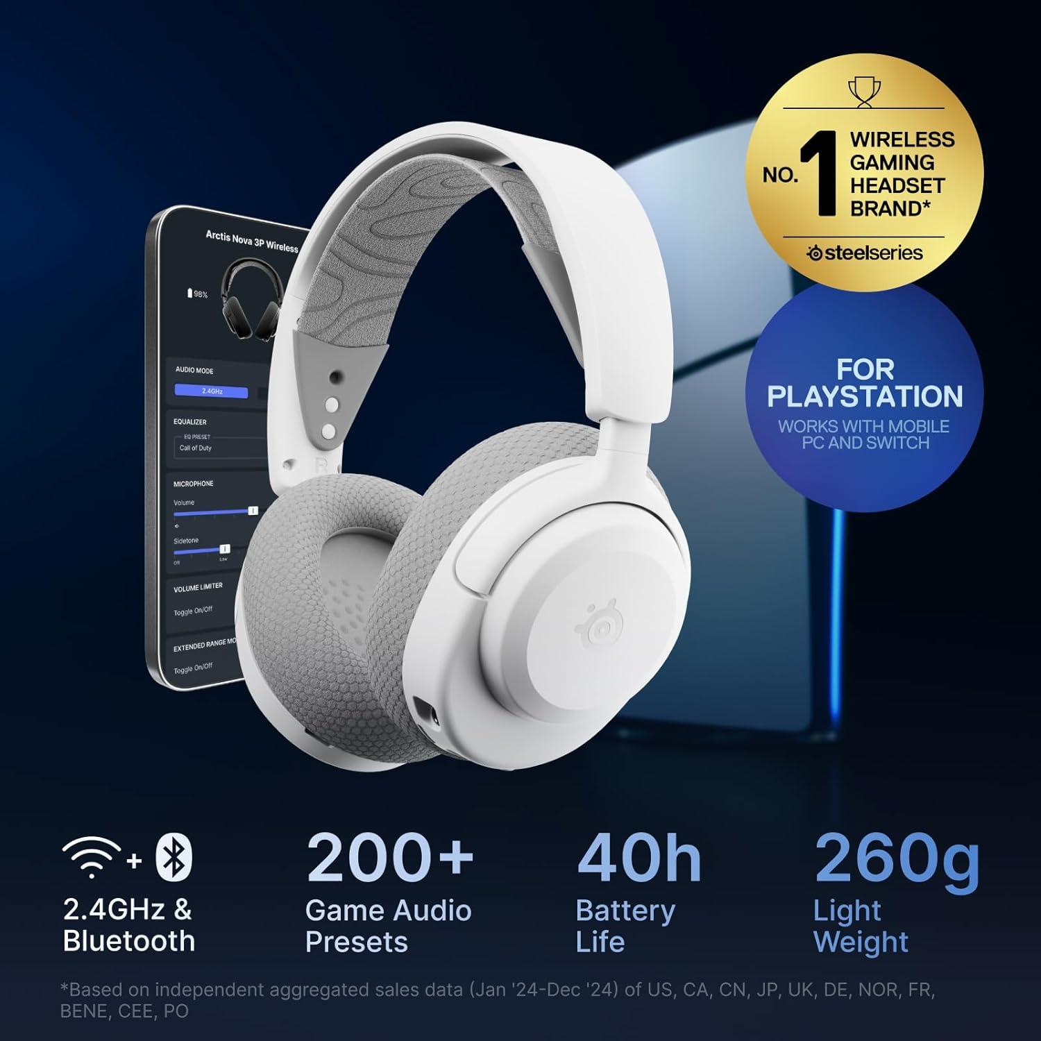 imageSteelSeries Arctis Nova 3P Wireless MultiPlatform Gaming Headset Mobile App Control 40 HR Battery Neodymium Magnetic Drivers 24GHzBluetooth PS5 PS4 PC Switch Mobile AquaWhite